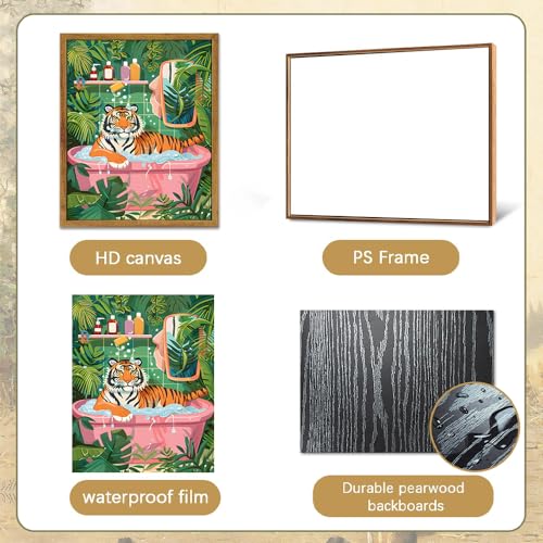 2-Pack Framed Whimsical Tiger In Bathtub Wall Art for Bathroom 12″×16″ - color: Tiger in Bathtub, size: 12"x16"
