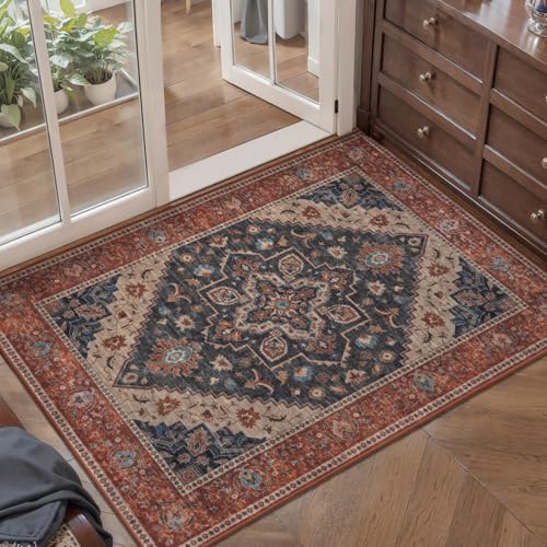 Tangsoo Vintage 2x3 Washable Rugs for Entryway, Non Slip Small Area Rug - color: Rust/Dark Blue, size: 2' X 3' (Rectangular)