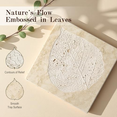 Natural Travertine Leaf Embossed Tray, 7.8inch Square Decorative Trays - color: Beige Travertine