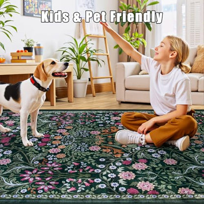 PLHXFR Area Rug 10x14 Living Room: Floral Washable Boho Carpet Dark Green - color: Dark Green, size: 10' x 14' (Rectangular)