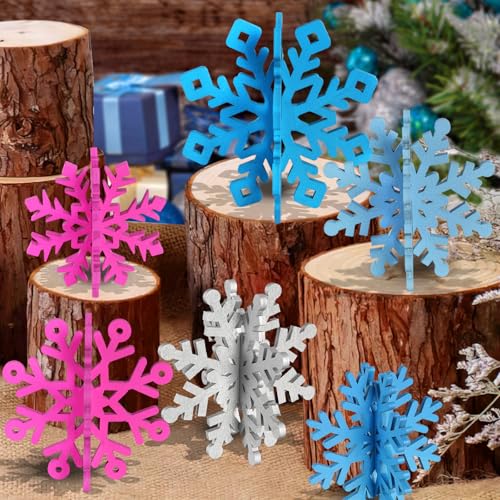 Wooden Snowflake Decorations, 3D Christmas Table Decorations, Set of 6 - color: Blue Purple Silver, size: 6 set