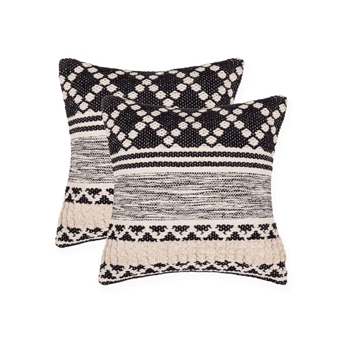 · REDEARTH · Textured Handwoven Throw Pillow Cases - Mosaic Trellis Black | 100% Cotton, 18x18"; Woven Tufted Decorative Farmhouse Cushion Covers; Set for Couch, Sofa, Bed, Chair, Dining, Covered Patio - color: Mosaic Trellis Black, size: 18" x 18" (Pack