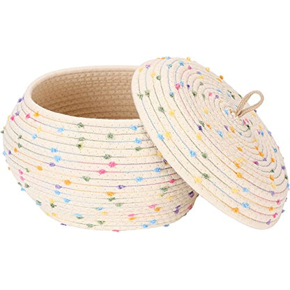 Sea Team Round Woven Cotton Rope Storage Basket with Lid, Rainbow - color: Rainbow, size: Small