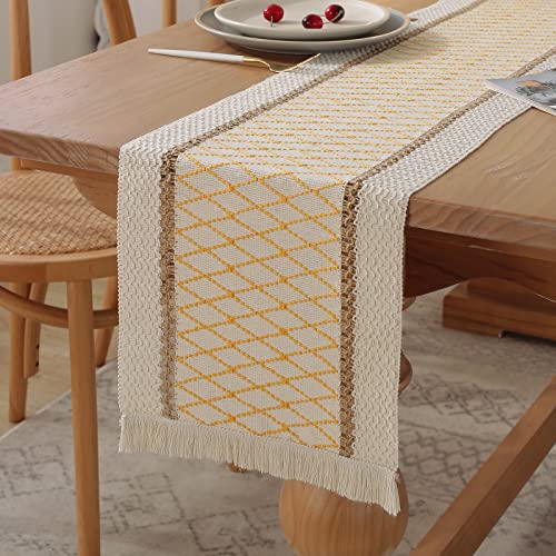 Boho Burlap Macrame Table Runner, Farmhouse Style Cotton Linen Rustic Woven Table Runner with Tassels for Dining, Wedding, Bridal Shower, Bohemian (12x72 inch, Yellow Grid) - color: Yellow Grid, size: 12x72 inch