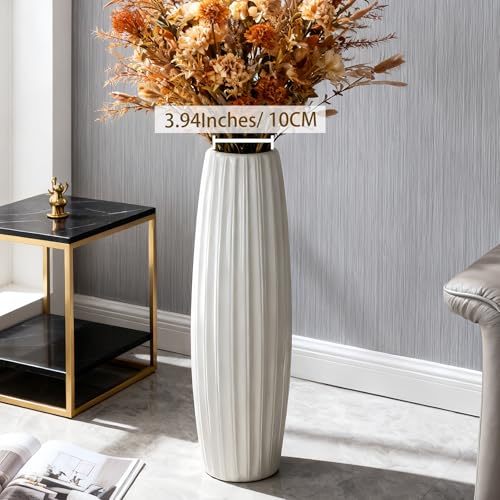White Tall Ceramic Floor Vase, 24 Inch, Ribbed Drum Design - color: Vertical Stripes, size: Height-24 Inch