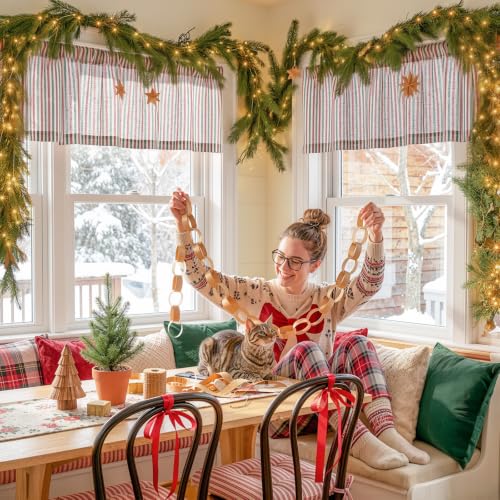 jinchan Linen Boxter Stripe Valances for Window 16 inch,Xmas Green, 1 Panel - color: Boxter Stripe | Xmas Green on Linen, size: 50"W x 16"L (Pack of 1)