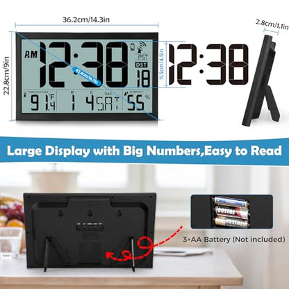 SZELAM Atomic Clock,16.7" Large Display Digital Wall Clock Battery Operated,Digital Calendar Auto Setting Desk Clocks with Indoor Temperature, Humidity,Date,Day,Auto DST for Elderly Bedroom Classroom - color: 16.7" Atomic
