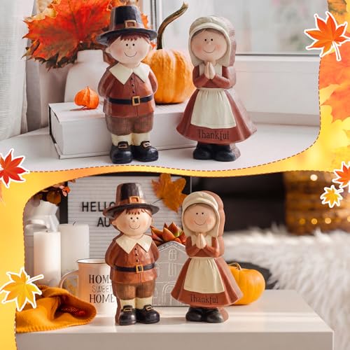 Yuntau 2 Pcs Thanksgiving Pilgrim Figurines Wooden Pilgrim Table Decoration Small Statue Table Centerpieces Indoor Gifts for Fall Thanksgiving Harvest Home Shelf Mantel Tiered Tray Desk Party Supplies - style: Thanksgiving Pilgrim