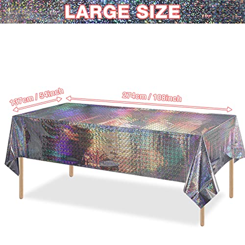 FunnyPars 4 Pack Iridescent Plastic Tablecloths Shiny Disposable Laser Rectangle Table Covers Holographic Foil Tablecloth Iridescent Party Decoration Birthday Bridal Wedding Christmas 54"x108"(Silver) - color: Silver