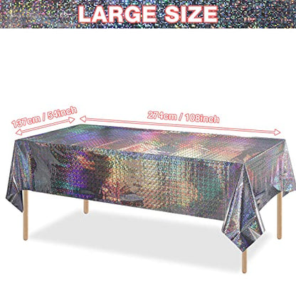 FunnyPars 4 Pack Iridescent Plastic Tablecloths Shiny Disposable Laser Rectangle Table Covers Holographic Foil Tablecloth Iridescent Party Decoration Birthday Bridal Wedding Christmas 54"x108"(Silver) - color: Silver