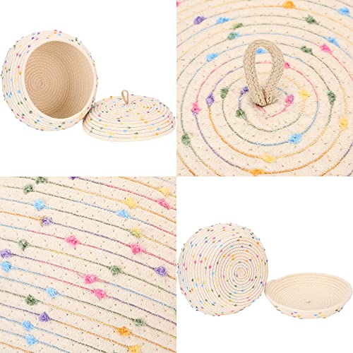Sea Team Round Woven Cotton Rope Storage Basket with Lid, Rainbow - color: Rainbow, size: Small