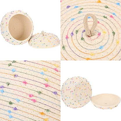 Sea Team Round Woven Cotton Rope Storage Basket with Lid, Rainbow - color: Rainbow, size: Small