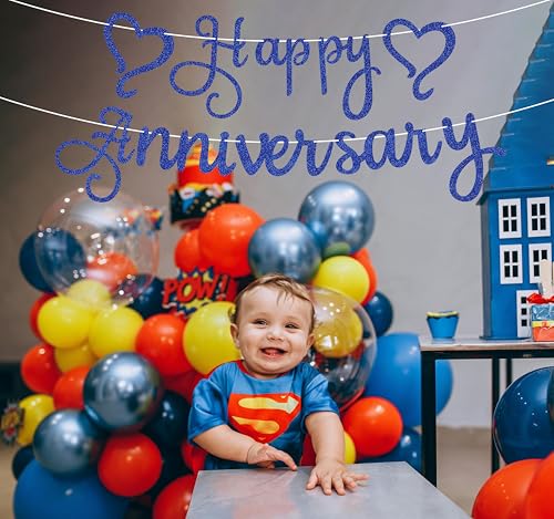 Pre-Strung Happy Anniversary Banner - Royal Blue Glitter Wedding Anniversary Decorations, Party Photo Booth Props - color: Royal Blue