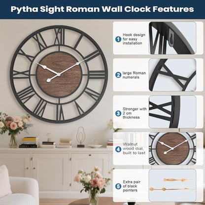 Pytha Sight 20 Inch Walnut Roman Numerals Large Wall Clocks for Living Room - color: Black Walnut, size: 20 Inch