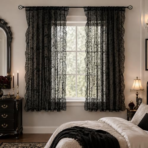 TUDECO Black Lace Curtains 63 Inch Length 2 Panels - Victorian Sheer Floral Gothic Curtains for Bedroom Whimsy Dark Academia Curtains Rod Pocket Privacy Window Treatments, 59 x 63 Inch, Black - color: Black, size: 59"W x 63"L (Pack of 2)