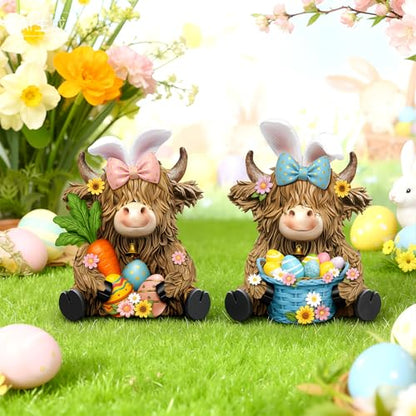 2 Pack Easter Highland Cow Figurine Decor, Resin Easter Decor - style: Easter