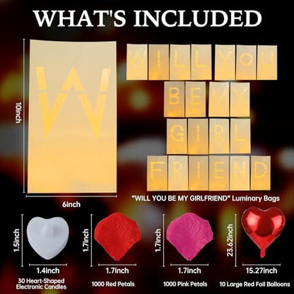 Will You Be My Girlfriend Decorations – Valentine’s Day Surprise Set with Light Up Letters, 30 Tea Light Candles, 2000 Rose Petals, 10 Balloons – Luminary Bags for Romantic Setup - style: Will You Be My Girlfriend