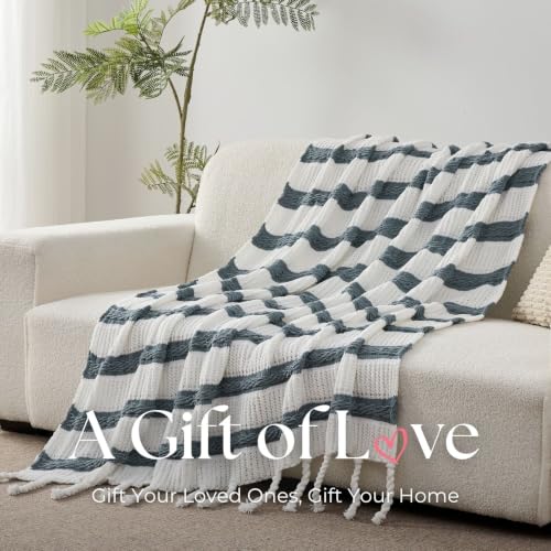 Boho Knitted Chenille Blanket with Tassels - Lightweight & Soft All-Season Throw - 3D Classic Pattern for Living Room Bedroom Couch, Celestial Blue(Striped), King 90"x108" - color: Celestial Blue(striped), size: King