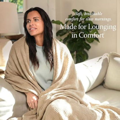 Threadmill Luxury 100% Cotton Twin Herringbone Blanket, Beige - color: Beige, size: Twin (68" x 92")