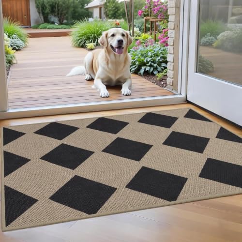 Checkered Rug 2x3 Easy Jute Kitchen Rugs for Entryway Front Door - color: Black/Checkered, size: 2'*3'(Rectangular)