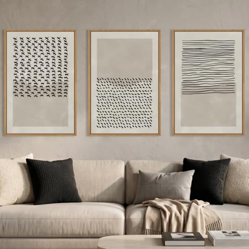Aurlan Large Minimalist Line Dot Framed Canvas Wall Art Set-24"x36"x3 | Abstract Neutral Boho Beige Geometric Wall Decor,Mid Century Modern Shapes Artwork for Living Room,Bedroom,Office - color: Abstract Minimalist Wall Art, size: 24"L x 36"W