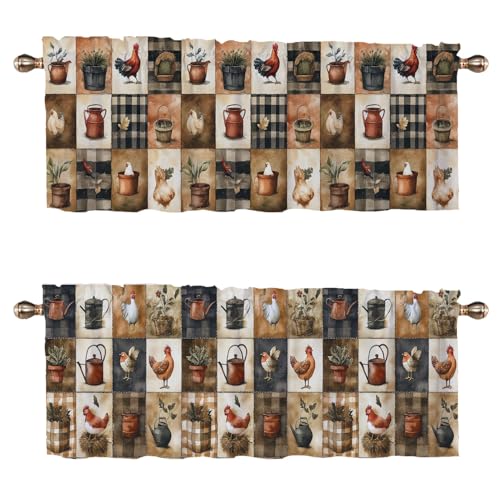 Farmhouse Patchwork Window Curtain Valance 2 Pack Farm Animals Chickens Vintage Rustic Valance for Bedroom Living Room Bathroom Rod Pocket Window Curtains Window Treatment Valances 54x18 inch - color: Farmhouse Patchwork