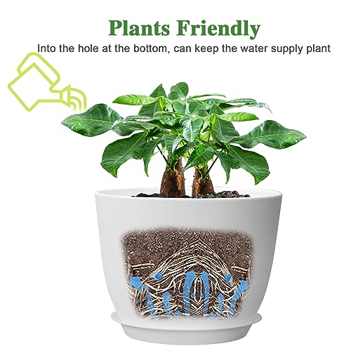 UOUZ 12inch Large Plant Pot, Modern Plastic Planter with High Driange Holes and Saucer for Indoor Outdoor Garden Plants and Flowers, White - color: White