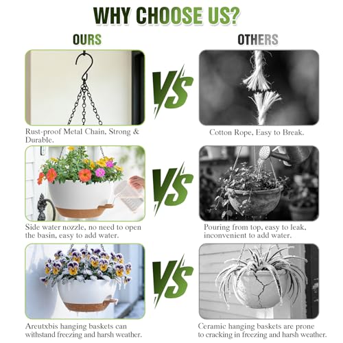 10 Inch Self-Watering Hanging Planters Set of 3 with Saucers - color: White Brown, size: 10 Inch 3 Pack