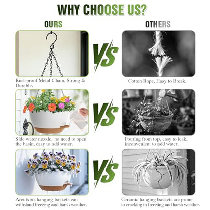 12 Inch Large Self Watering Hanging Planters 2 Pack with Saucers - color: White Brown, size: 12 Inch 2 Pack