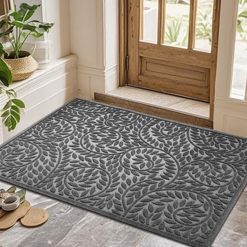 Bulijojo Front Door Mat Entrance,Durable Heavy Duty Welcome Mat,Thick Absorbent Natural Rubber Non Slip Mat,Sturdy Entryway Grey 47"x32" - color: Grey, size: 2'8" x 3'11" (Leaf)