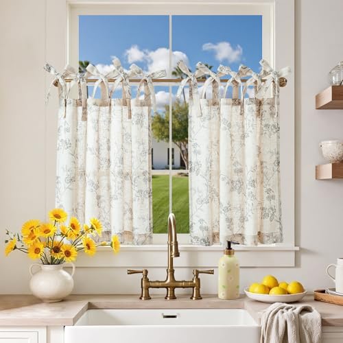 jinchan Grey Floral Kitchen Tier Curtains Alisa 24 Inches Tie Top 2 Panles - color: Alisa Grey on Linen, size: 26"W x 24"L (Pack of 2)