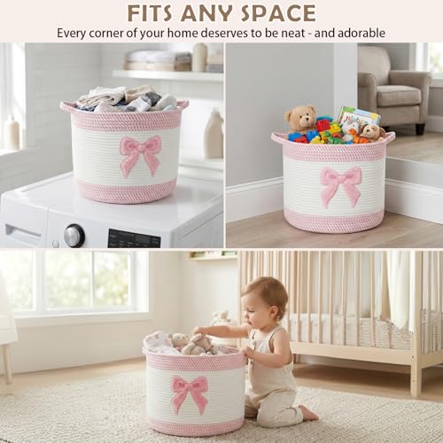 Baby Laundry Basket for Nursery, Large 15”x12”Baby Girl Storage Baskets - color: Bow