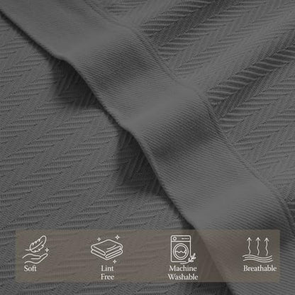 Threadmill Luxury 100% Cotton Twin Herringbone Blanket, Dark Grey - color: Dark Grey, size: Twin (68" x 92")