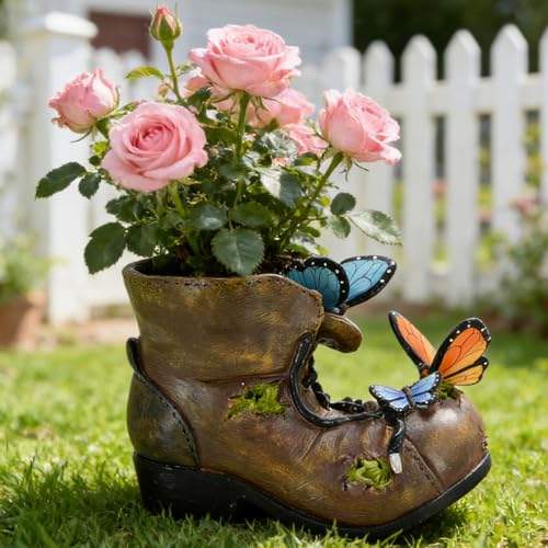 Outdoor Boot Plant Pots Rustic Cute Unique Planters for Indoor Plants - color: Boot Butterfly
