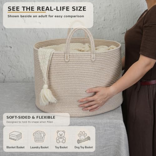 XUANGUO 66L Large Blanket Basket, Round Cotton Rope Basket, Oatmeal - color: Oatmeal