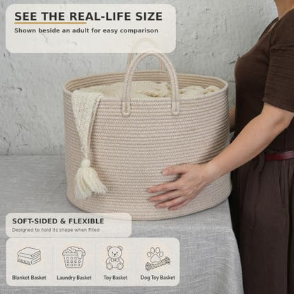 XUANGUO 66L Large Blanket Basket, Round Cotton Rope Basket, Oatmeal - color: Oatmeal