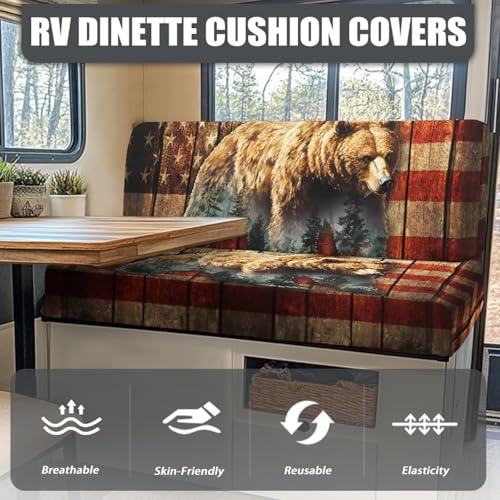 Bear Retro American Flag RV Dinette Cushion Covers 2 Pcs Patriotic Camper Seat Covers Dinette Booth Stretch Sofa Furniture Protector Sofa Slipover for Travel Trailer Couch - color: Bear Retro American Flag