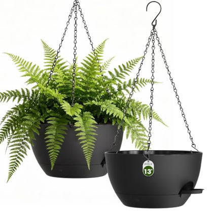 13 Inch Large Self Watering Hanging Planters 2 Pack with Saucers - color: Black, size: 13 Inch 2 Pack
