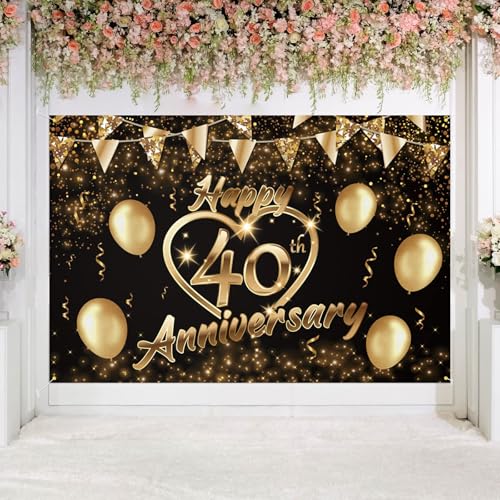 Happy 40th Anniversary Backdrop Party Decorations, Black Gold Glitter Bokeh Dots Valentine's Day Wedding Anniversary Party Photo Background Cake Table Banner Extra Large Wall Decor Props. 6 * 4ft (40) - color: 40