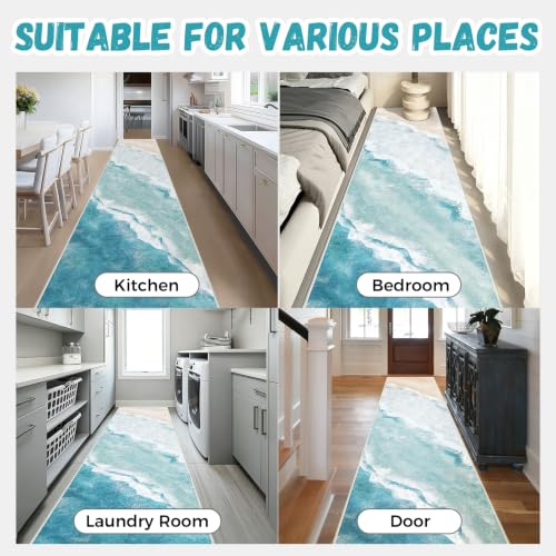 Beach Pattern 2.6x10ft Runner Rug Non Slip Washable Kitchen Runner Rug with Rubber Backing，Low-Pile Soft Washable Runner Rugs for Hallway Entryway Kitchen Bedroom Living Room Bathroom - color: Light Blue Beach, size: 2'6''x10'