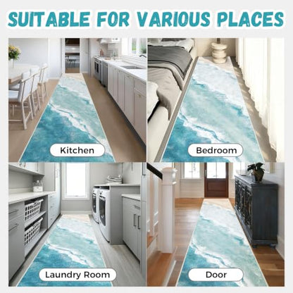 Beach Pattern 2.6x10ft Runner Rug Non Slip Washable Kitchen Runner Rug with Rubber Backing，Low-Pile Soft Washable Runner Rugs for Hallway Entryway Kitchen Bedroom Living Room Bathroom - color: Light Blue Beach, size: 2'6''x10'
