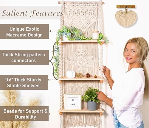 Macrame Wall Hanging Shelf 3 Tier Boho Wall Plant Hanger Shelves, Handmade of Woven Rope Boho Shelves Organizer for Living Room Bathroom Home Storage Floating Plant Rack Bohemian décor - size: Tier 3
