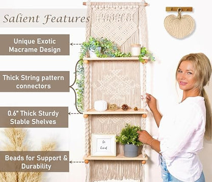 Macrame Wall Hanging Shelf 3 Tier Boho Wall Plant Hanger Shelves, Handmade of Woven Rope Boho Shelves Organizer for Living Room Bathroom Home Storage Floating Plant Rack Bohemian décor - size: Tier 3