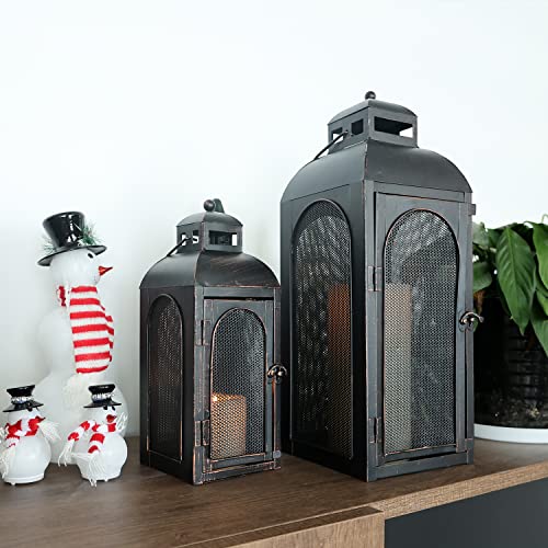 럭셔리 랜턴 장식 야외 및 실내, 2개 세트 (48.3cm(19인치) 및 33cm(13인치)) 금속 캔들 랜턴 장식, 빈티지 벽걸이 캔들 홀더, 현관 파티오 웨딩 농가 가정, 크리스마스 장식용 - color: 블랙 브러시 포함 / 48.3cm(19인치)+33cm(1