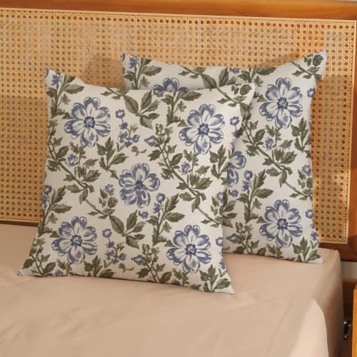 CXMEIFLY Boho Blue Green Floral Pillow Covers 18 x 18 Inch Set of 2 Vintage Block Print Flower Outdoor Decor Throw Pillows Neutral Antique Linen Farmhouse Decorative Pillowcases for Couch Bed Sofa - color: Blue Green, size: 18" x 18" (Pack of 2)