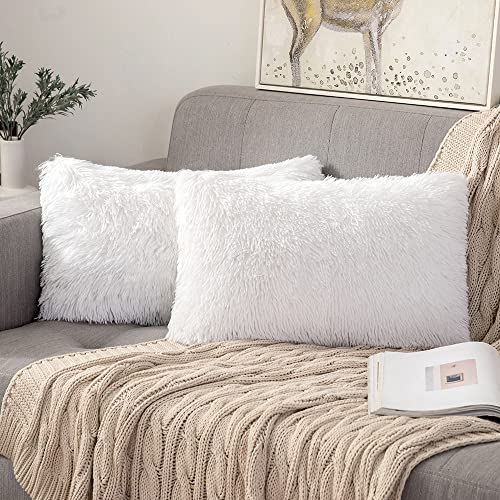 ANRODUO Plush Decorative Throw Pillow Covers White 12x20 Inch Pack of 2 - color: White, size: 20" x 12" (Pack of 2)