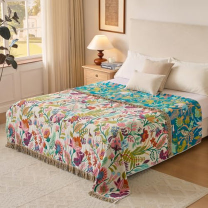 Boho Throw Blanket, 100% Soft Cotton Floral Quilt, Throw 50"x 60" - color: Lavender Purple Flowers, size: Throw 50"x60"
