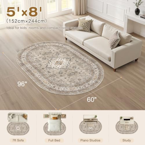 cotiled 5x8 Ellipse Area Rug for Living Room, Washable, Traditional, Beige - color: Beige, size: 5' x 8' (Oval)