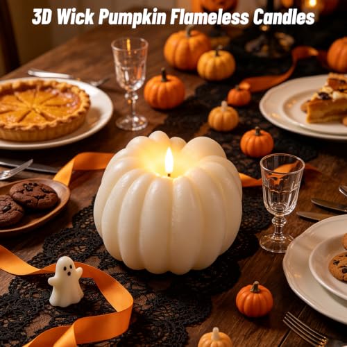 Wondise Fall Decorations Real Wax Pumpkin Candles with Remote Timer - color: 2-White