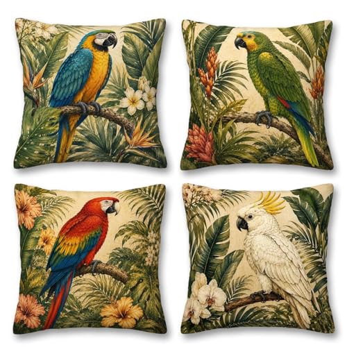 Parrot Throw Pillow Covers 18x18 Set of 4 | Tropical Bird Decorative Cushion Covers | Vintage Macaw Botanical Pillowcases for Couch Sofa Bed Living Room Home Decor - color: Tropical Parrot (Pack of 4)